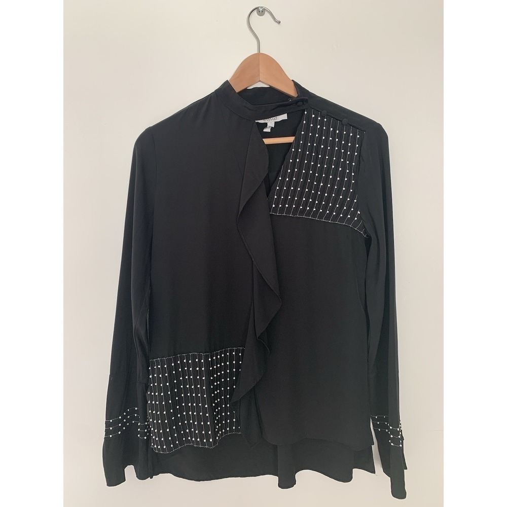 Derek Lam 10 Crosby 100% Silk Embellished Top Black Long Sleeve Beaded Ruffle 0